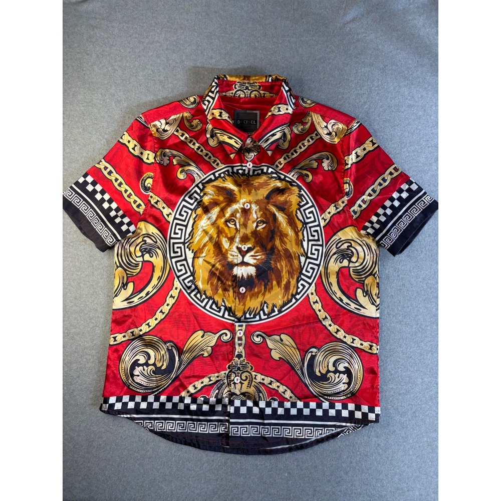 Decibel Mens Lion Head Baroque Graphic Button Up Shirt Red Gold XL Short Sleeve